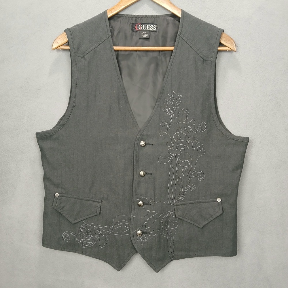 Guess Dress Vest Womens M Black Cotton Embroidered Floral Western Pointed Hem
